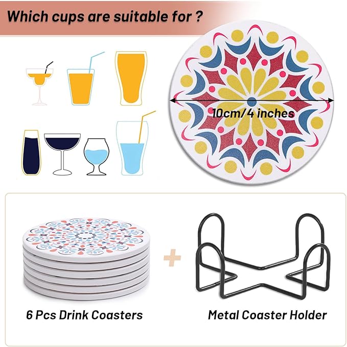 Acejoz Drink Coasters Set of 6, Mandala Design, Ceramic, Round, 4 Inches, Multicolor