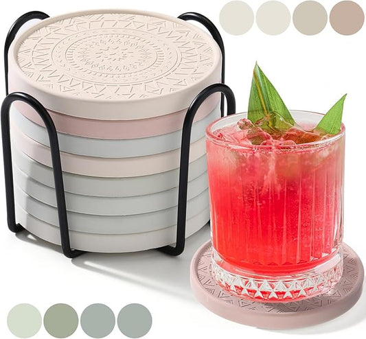 Photect Diatomaceous Earth Coasters Set with Holder Absorbent Stone Drink Coasters Instant Drying Tray for Tabletop Protection Home Decoration Housewarming Gift(Mint,8 Pcs)