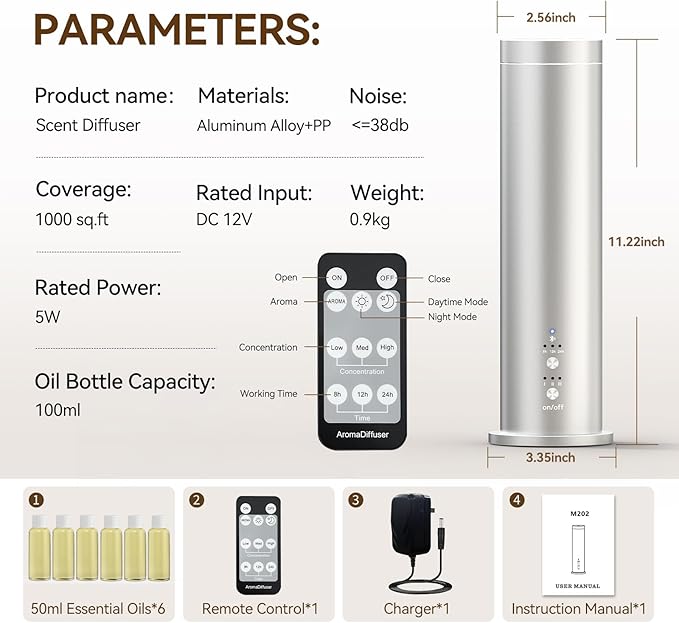 Waterless Essential Oil Diffuser with Bluetooth - 100ml Cold Air Scent Diffuser, 6 Aromatherapy Oils & Remote Control - Portable Aromatherapy Diffuser for Home, Office & Spa - Silver