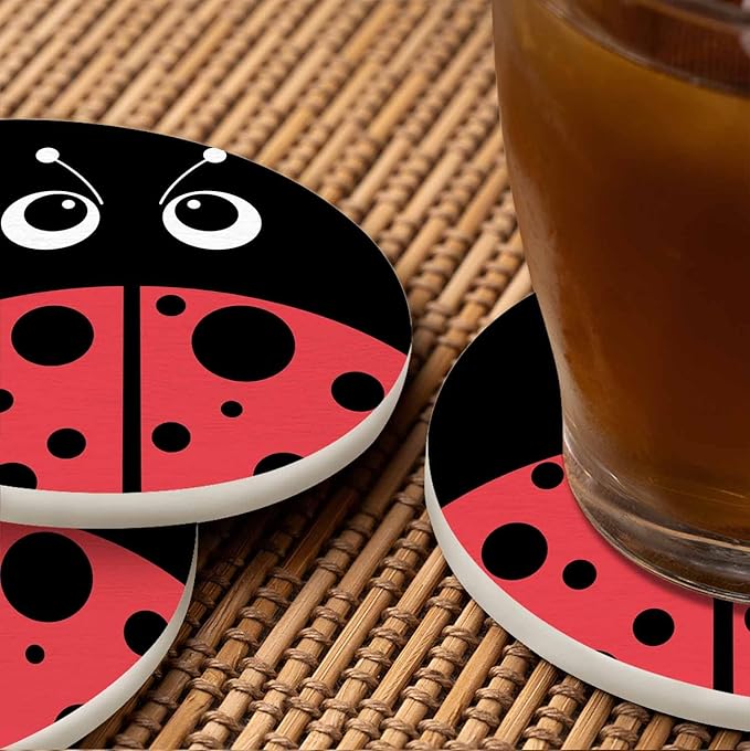 Cute Ladybug Round Coaster for Home Coffee Table Cartoon Insect Isolated Lovely Red Animal Farmhouse Drink Coasters 100% Diatomite 4''X 4''X 0.35'' Printed Pattern