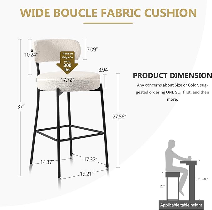 DYHOME Bar Stools Set of 4, White 28 Inches White Counter Height Bar Stools with Back, Mid-Century Modern Bar Chairs for Kitchen Island, Dining Room