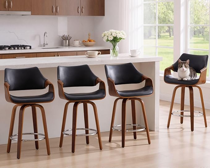 26’’ Modern Barrel Swivel Counter Stools Counter Height Swivel Bar Stools with Backs Set of 4 Black Faux Leather Upholstered Bar Height Island Chairs, Farmhouse Walnut Wood Barstool for Kitchen Island