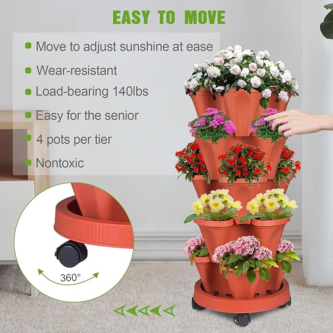 Vertical Strawberry Planter 5 Tier Stackable Tower Herb Planters Stacking Outdoor Garden Planters Pot with Tools Mover for Growing Flowers, Vegetables and Succulents