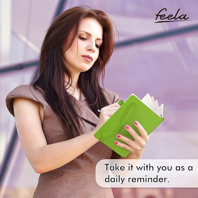 feela 5 Pack Notebooks Journals Bulk, Hardcover Notebook Classic Ruled Lined Journals with Pen Holder for Women Girls School Business Supplies, with 5 Black Pens, 120 GSM, 5.1”x8.3”, A5, Green