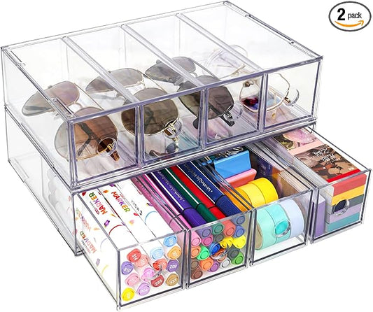 Desk Organizer with 8 Drawers, FODIENS 2 Packs Stackable Desktop Storage Box with Removable Drawer, Clear Sunglasses Organizer Display Case for Stationery Marker Pens Eyeglasses Office Supply