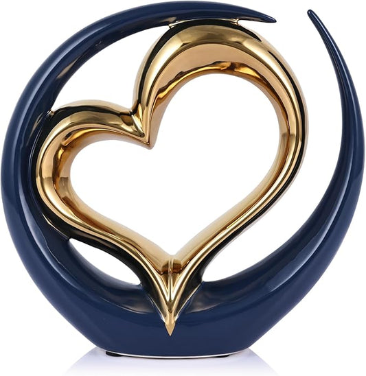 Ceramic Heart Decor Love Statue, Navy Blue Gold Double Hearts Sculptures for Home Table Centerpiece Decor, Valentine, Wedding, Decorative Items for Shelves, Coffee Table Decor (Hug Heart-Round)