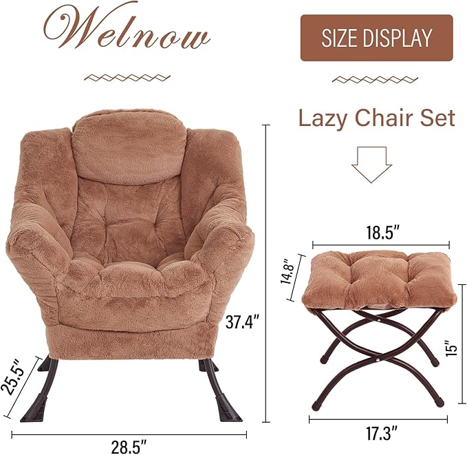 Welnow Lazy Chair with Ottoman, Modern Lounge Accent Chair with Armrests and a Side Pocket, Leisure Sofa Armchair, Reading Armchair with Footrest for Small Space, Plush Brown