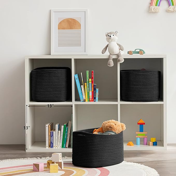 UBBCARE 3-Pack Woven Rope Shelf Baskets - 15x10x9in Decorative Storage Basket for Toys, Kids Playroom, Closet Organization & Cube Storage Organizer | Gift Basket Empty, Black