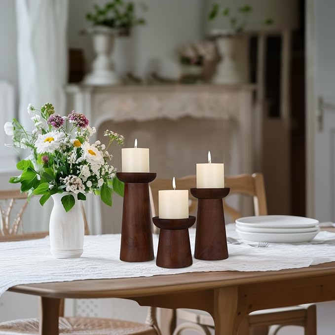 Pillar Candle Holders Set of 3， Wooden Candle Holders， Decorative Wood Candlestick Holders for Living Room, Table Centerpiece for Wedding, Christmas, Party, Home - 4", 6", 8"