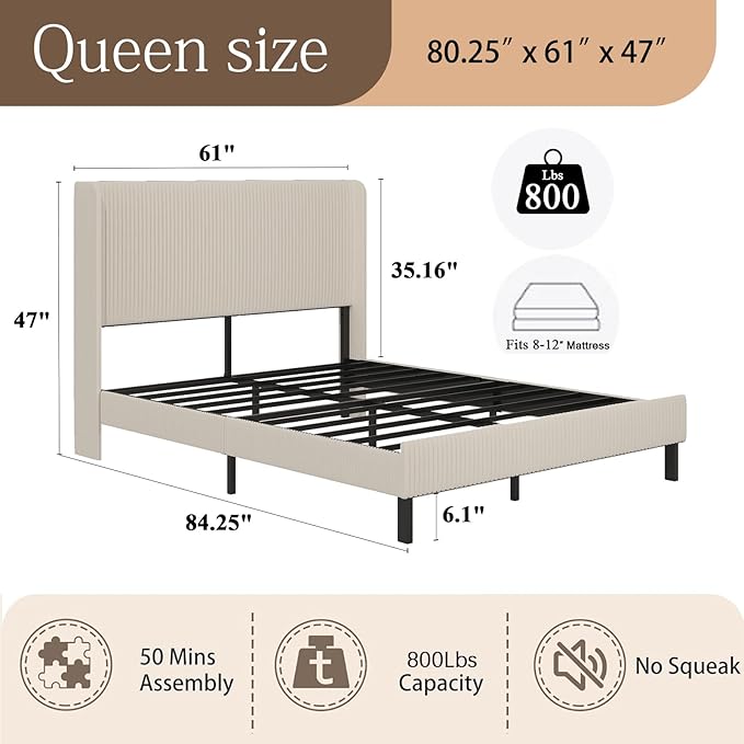 Upholstered Bed Frame Queen Size Beige Velvet Wingback Headboard with Charging Station Vertical Channel Tufted Platform Bed Metal Slats Foundation No Box Spring Needed, Easy Assembly
