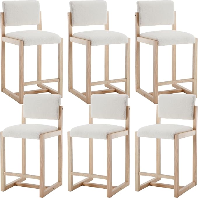 Mid-Century Bar Stools Set of 6, 26 Inch Modern Counter stools Sherpa Fabric Bar Chairs with Backrest Wooden Frame for Kitchen Island Dining Room, White