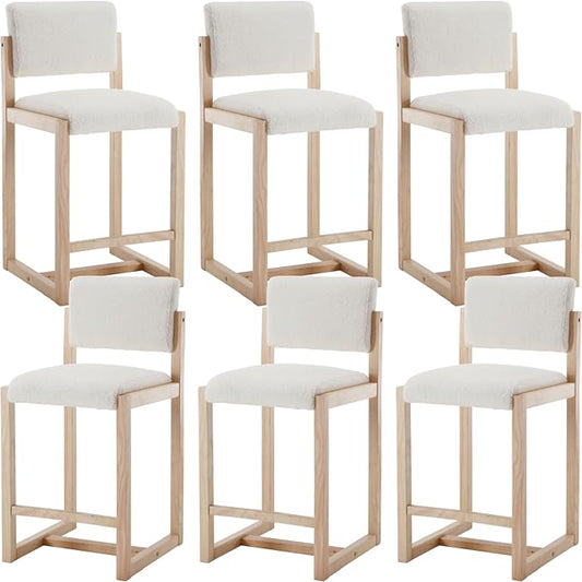 Mid-Century Bar Stools Set of 6, 26 Inch Modern Counter stools Sherpa Fabric Bar Chairs with Backrest Wooden Frame for Kitchen Island Dining Room, White