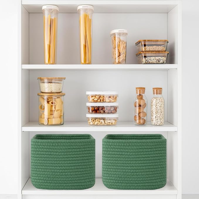 OIAHOMY 9”x9”x7” Storage Cubes, Cotton Rope Woven Baskets for Organizing, Cube Storage Bin, Small Gift Basket for Shelf, 3-Pack, Green