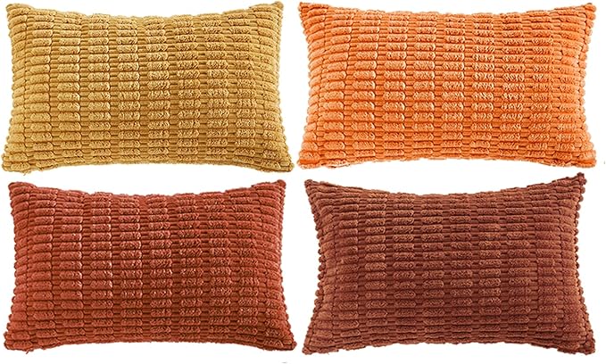 Fancy Homi Set of 4 Burnt Orange Fall Lumbar Decorative Throw Pillow Covers 12x20 Inch for Couch Bed Chair, Farmhouse Boho Room Decor, Soft Fuzzy Corduroy Textured Striped Cushion Case 30x50cm