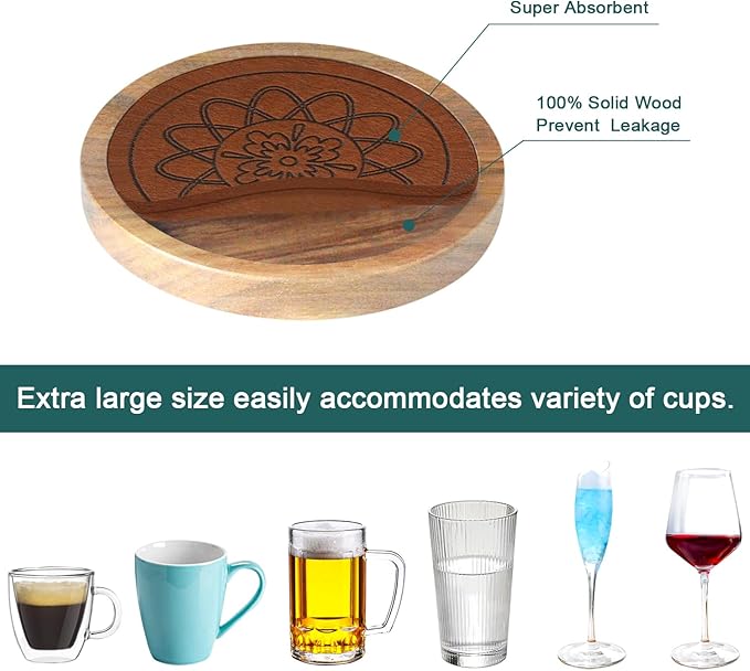5 Pack Wood Coasters for Drinks, Minacun Absorbent Coaster Set, Drinks Coasters for Coffee Tabletop Protection, Non-Slip, Non-Stick, Suitable for Kinds of Cups Wooden Table Drink, 4.3 Inch Brown