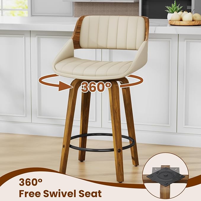 Bar Stools Set of 1, 26" Swivel Counter Height Barstools with Walnut Bentwood Back and Legs, Mid-Century Modern Faux Leather Upholstered Cream Bar Chairs for Kitchen Island, Café, Dining Room, Beige
