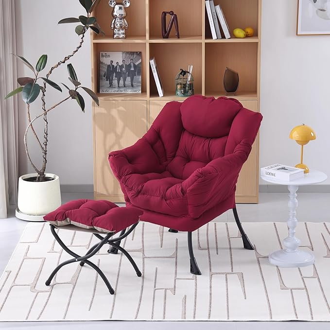 Welnow Lazy Chair with Ottoman, Modern Lounge Accent Chair with Armrests and a Side Pocket, Leisure Sofa Armchair, Reading Armchair with Footrest for Small Space, Burgundy