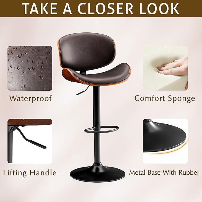 Bar Stools Set of 2 Adjustable Swivel Bentwood Barstools PU Leather Modern Bar Chairs with Back & Footrest for Bar, Kitchen Island, Dining Room (Brown, Set of 2)