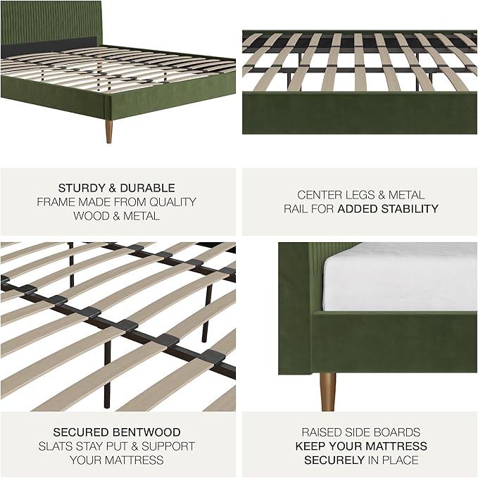 Mr. Kate Daphne Upholstered Bed with Vertical Channel Tufted Headboard, King, Olive Green Velvet