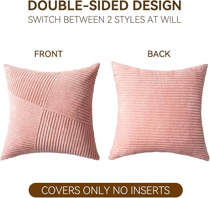 Decorative Throw Pillow Covers 16x16 Inch Set of 2 for Boho Living Room Farmhouse Home Decor, Spring Pillow Covers for Couch Bed, Soft Corduroy Striped Patchwork Cushion Cases, Blush Pink