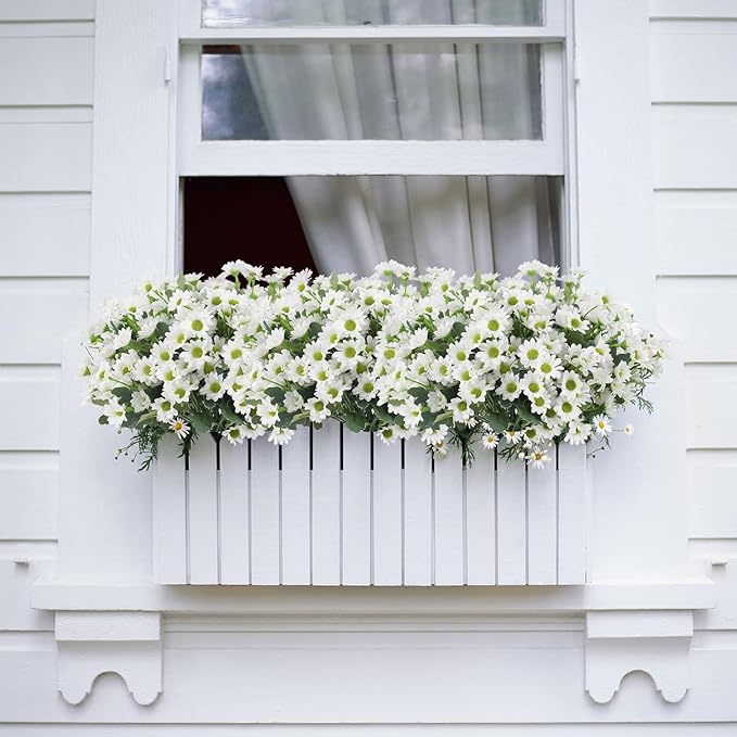 10 Bundles White Daisy Artificial Flowers for Summer Outdoors Planters Realistic Fake Daisies UV Resistant Faux Silk Daisies Artificial Mums Flowers for Outside Home Indoor Window Box Decoration