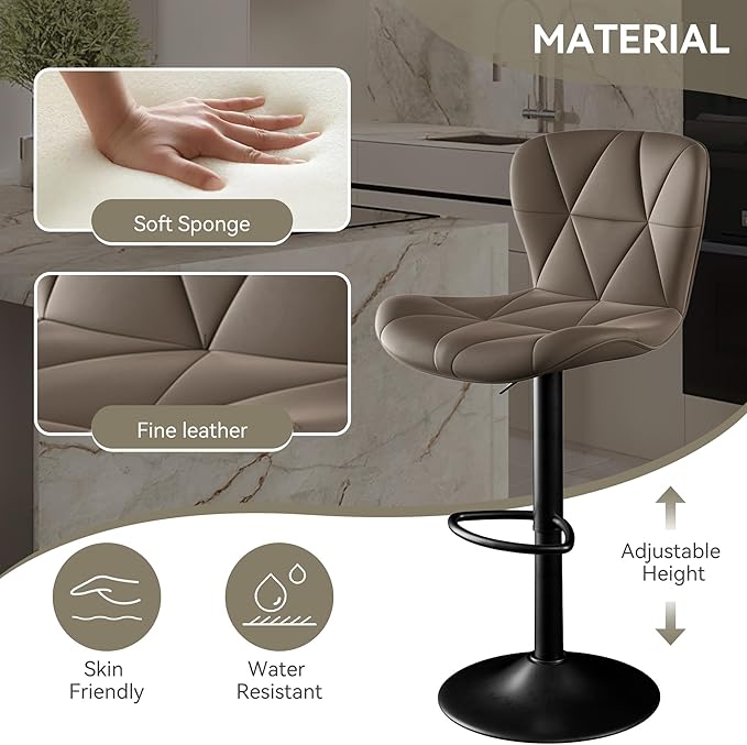 Bar Stools Set of 3,Adjustable Swivel Barstools, Faux Leather Bar Chairs,Upholstered Counter Height with High Backrest for Kitchen Island, Dark Khaki