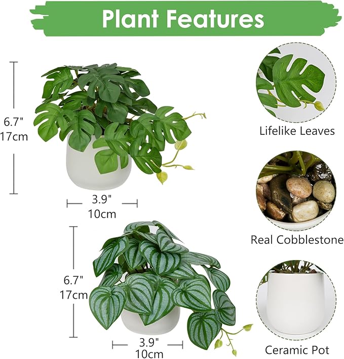 Fake Plants Set of 2 Artificial Plants Small Faux Plants with White Ceramic Pots Fake Potted Plants Artificial Decor for Home Bathroom Shelf Office Desk Window Kitchen Fake Indoor Plants
