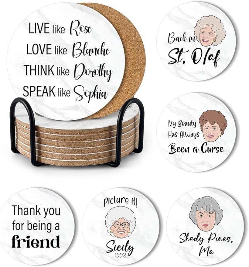 Funny Golden Girls Coasters for Drinks Set of 6 with Holder, Cork Coasters for Coffee Table, Golden Girls Gifts for Women Fans Housewarming Gifts
