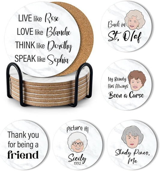 Funny Golden Girls Coasters for Drinks Set of 6 with Holder, Cork Coasters for Coffee Table, Golden Girls Gifts for Women Fans Housewarming Gifts