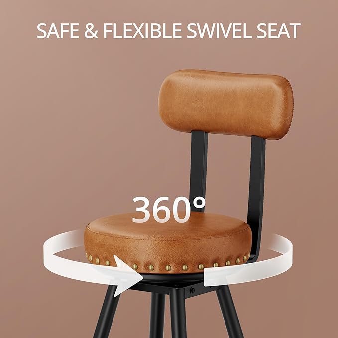 IRONCK Counter Height Bar Stools Set of 2, 30" Swivel Barstools with Backs, Hand-Riveted Design, Wide Seat, PU Leather Upholstered, Armless Bar Chairs for Kitchen Island, Brown