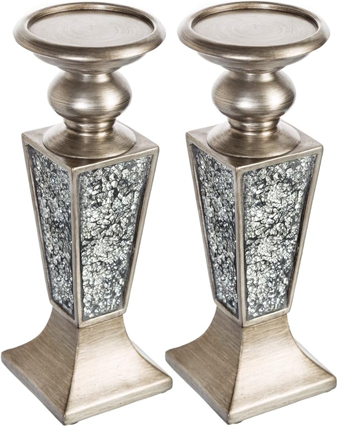 Creative Scents Schonwerk Silver Pillar Candle Holder Set of 2 - Crackled Mosaic Design - Centerpiece Table Decoration - Coffee Table Decor - Decoration Centerpiece for Living/Dining Room - Best Gift