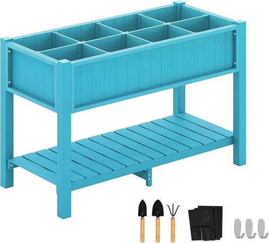 LUE BONA Elevated Planter Box with Legs and Shelf, 47 * 21 * 30in, 8 DIY Pocket HDPS Raised Garden Bed with Tools, 3-Year Warranty, No Crack, Large Outdoor Herb Raised Beds for Gardening Vegetables