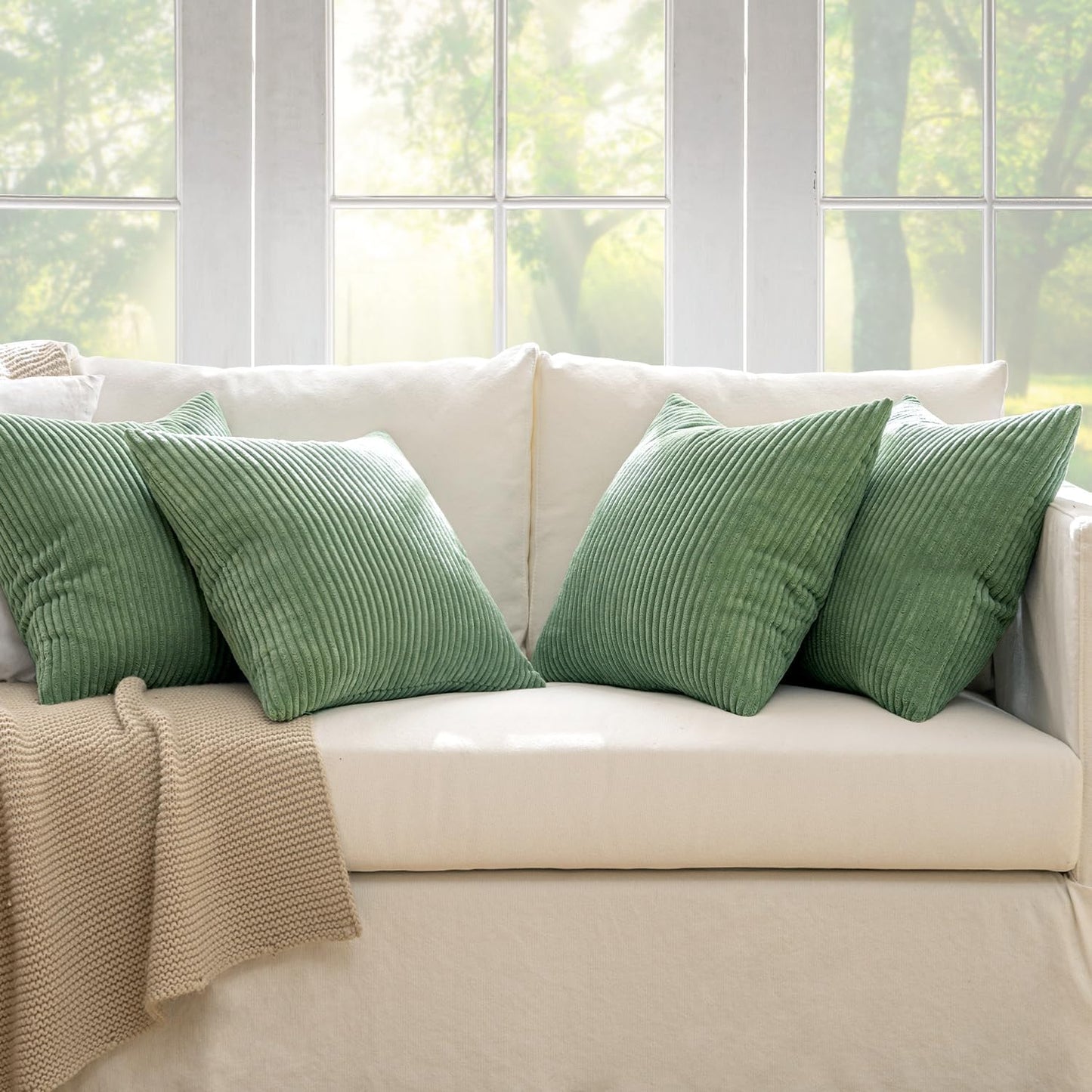 MIULEE Boho Farmhouse Throw Pillow Covers 18x18 Inch Set of 4 Mordern Nordic Cushion Covers Soft Corduroy Home Decor for Couch Bed Sofa Living Room Sage Green