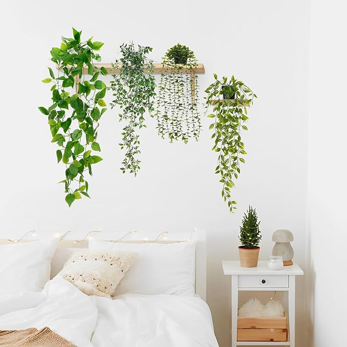 BLEUM CADE Fake Hanging Plants Mixed Set, 4pcs Artificial Hanging Plant, Faux Hanging Potted Plants Greenery for Wall Shelf Home Living Room Indoor Outdoor Decor