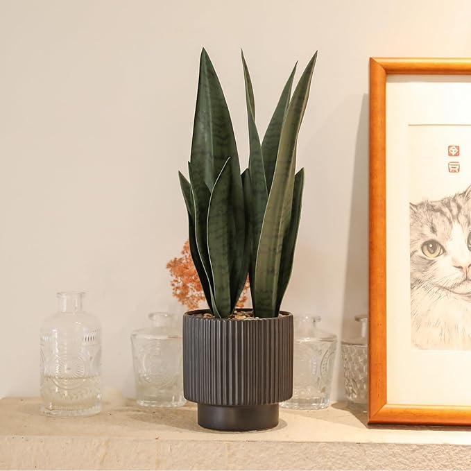 Artificial Plants Sansevieria Snake Plant with Black Ceramic Pot Desk Small Fake Plant for Indoor Living Room Kitchen Bathroom Farmhouse Home Decor