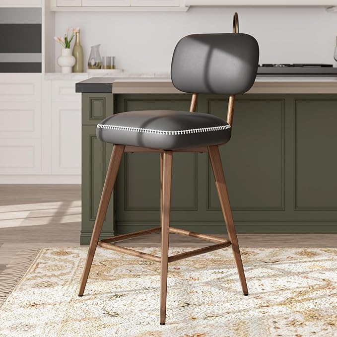 Swivel Bar Stools Set of 3, Mid Century PU Leather Counter Height Bar Chairs with Low Back and Metal Legs, Modern Bar Stool Chair for Kitchen Island, Black