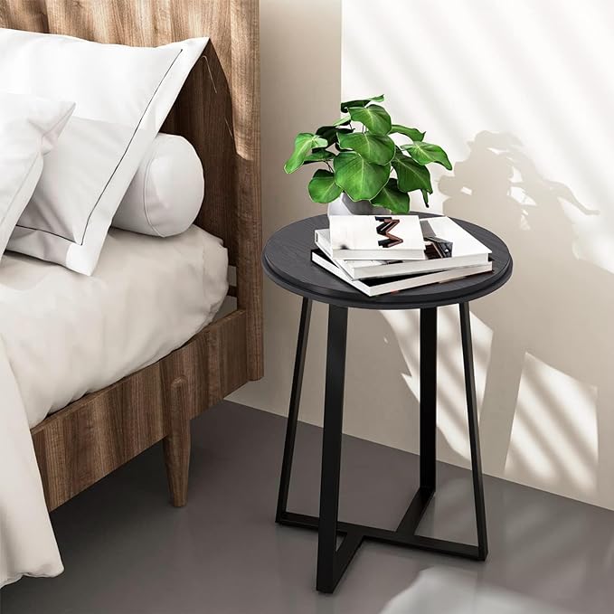 Round End Table, Small Side Table Black Color MDF Top, Metal Frame Black, Tall End Side Table for Bed Room, Coffee Tea End Table for Living Room(Round Black)