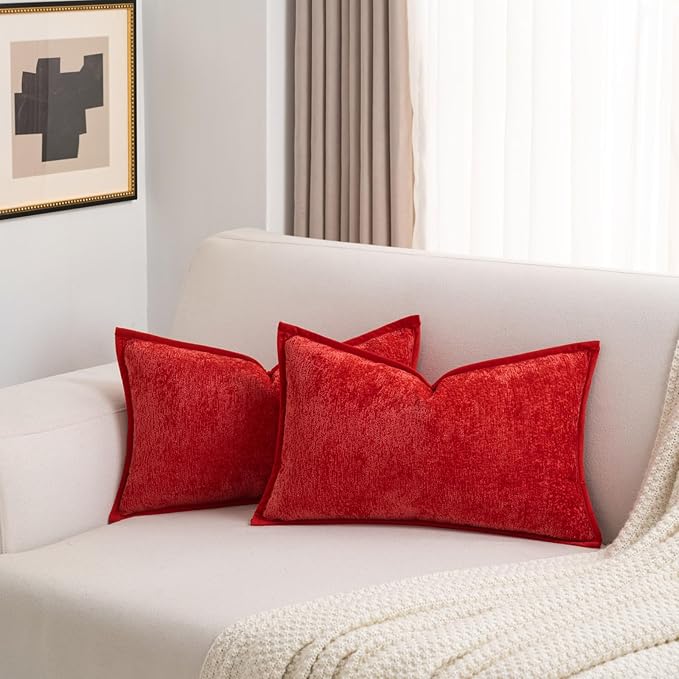 FUTEI Red Chenille Throw Pillow Covers 12x20 Inch Set of 2,Soft Cozy Bound Edge Design Lumbar Pillow Cases,Home Decor for Couch Bed Living Room