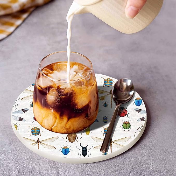 Insect Collection Coasters for Drinks Office Coffee Table Dragonfly Ladybug Wings Cartoon Wild Life Nature Colorful Animal Living Room Decor Set of 2 for Cold Drinks Wine Mugs and Cups 4 Inch