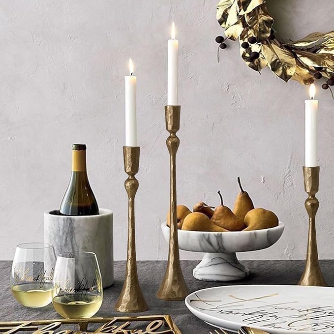 Vintage Cast Iron Taper Candle Holder - Set of 3 Decorative Candle Stand, Candlestick Holder for Wedding, Dinning, Party (Antique Brass)