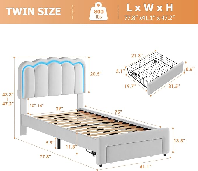 Twin Upholstered LED Bed Frame with Storage Drawer and Adjustable Chic Double Wavy Headboard, Velvet Princess Platform Bed for Girls/Kids, Solid Wood Slats Support, No Box Spring Needed, Grey