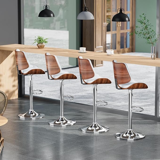 Swivel Bar Stools Set of 2, Adjustable Bentwood Barstools for Kitchen Counter, Modern PU Leather Upholstered Bar Chair with Back and Footrest, for Kitchen Island, Bar, Dining Room, Cafe, White