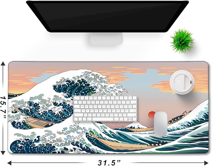 Japanese Large Gaming Mouse Pad with Extended Stitched Edges, (31.5X15.7In) Durable Non-Slip Natural Rubber Base, Waterproof Computer Pad for Esports Pros/Gamer/Office/Home, Sunset Sea