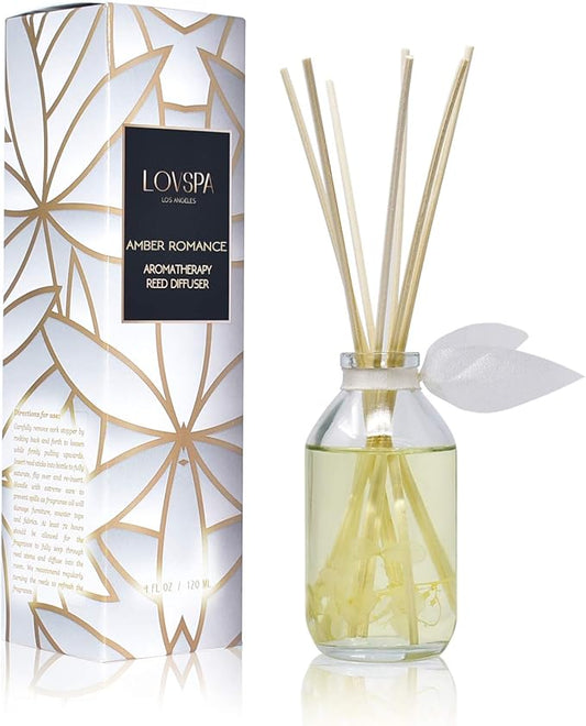 LOVSPA Reed Diffuser Set, Amber Romance Scented Oil Diffuser with Sticks, Home Fragrance Accessories for Bathroom Shelf Decor, Aroma Diffusers for Home or Office Fall Decor, USA Made