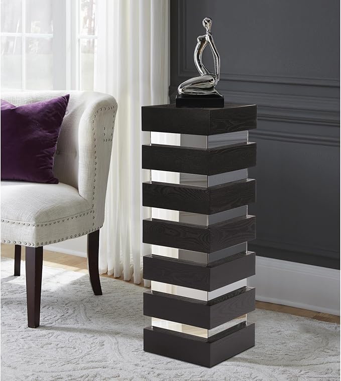 Howard Elliott Stepped Pedestal Accent Table, Black Wood and Mirrored Side End Table for Home Decor, Small Space Pedestal Table for Bedroom, Living Room & Entryway, 12 x 12 x 35.5 Inch, Tall