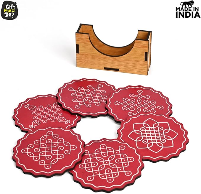 GKD Wooden Coasters for Drinks, Coasters Set of 6 with Holder, 3.5 inches Eco-Friendly Absorbent Coaster for Coffee Table, Bar, Drinking Glasses, Tabletop Protection (1, Fine Art Red)