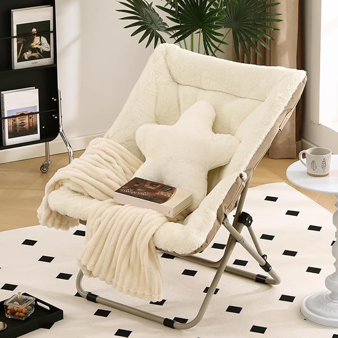 Welnow Comfy Saucer Chair, Oversized Folding Reading Chair for Adults with Throw Pillow Soft Faux Fur Lounge Chair for Bedroom Furry Accent Chair for Living Room, Dorm Rooms, Beige