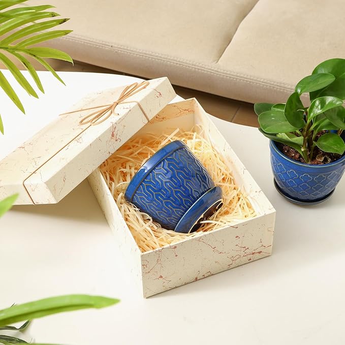 Sureasy Ceramic Plant Pots, 4.7 Inch Flower Pots for Indoor Plants, Succulent Pots with Saucer and Drainage Hole, Decorative Planter for Succulent, Cactus, Set of 4, Blue