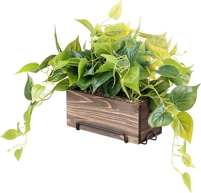 MyGift Vibrant Lifelike Artificial Plant Pothos Leafy Vine Greenery in Burnt Brown Solid Wood Rectangular Planter Box with Black Metal Wire Wall Mounted Shelf