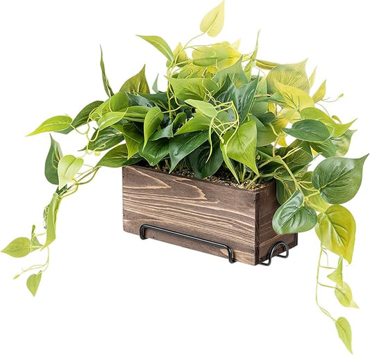MyGift Vibrant Lifelike Artificial Plant Pothos Leafy Vine Greenery in Burnt Brown Solid Wood Rectangular Planter Box with Black Metal Wire Wall Mounted Shelf